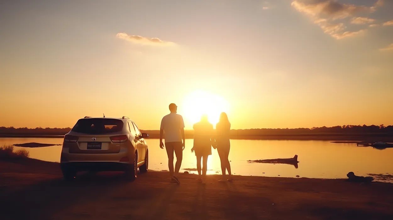 Family watching a sunset next to their car on a road trip