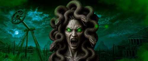 Terra Mítica Halloween 2026 artwork featuring a menacing Medusa with glowing green eyes